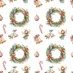 Christmas Wreath and Angel Seamless Pattern