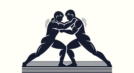Two muscular wrestlers engaged in a grappling match, showcasing strength and competition.