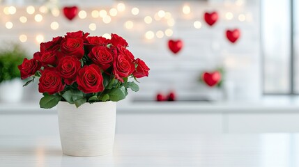 Close-up of a stunning bouquet of red roses arranged in a wooden box, set on a table. The background features Valentine's Day decor in a bright, modern kitchen, creating a romantic atmosphere