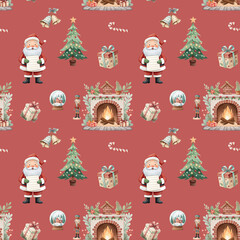 Red Christmas Santa Fireplace Seamless Pattern
