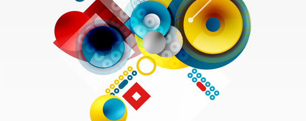 Fototapeta premium Abstract geometric composition. Circles, squares, lines create vibrant colorful design. Modern aesthetic, clean shapes, dynamic arrangement.
