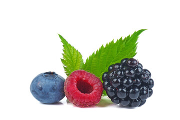 Berry mix isolated on a white background. Raspberry, blueberry, blackberry.