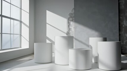 Four white cylinders sit atop a pristine white surface in a room bathed in soft light, capturing the concept of minimalism emphasizing simplicity cleanliness and order perfect for representing.