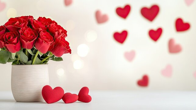A beautiful arrangement of red roses is placed in a rustic wooden box on a table. The backdrop features blurred Valentine's Day decorations and a stylish white kitchen interior - Powered by Adobe