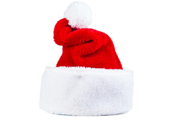 Fototapeta premium Red Santa hat with white pom-pom. Cristmas accessory. Isolated on white background