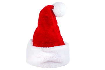 Red Santa hat with white pom-pom. Cristmas accessory. Isolated on white background