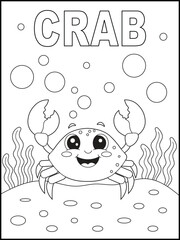 Cute cartoon crab coloring page for kids. Happy sea animal smiling on the ocean floor with seaweed and bubbles, and the word 