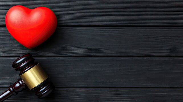 A gavel rests next to a vibrant red heart on a dark wooden background, symbolizing the balance of love and justice. The right side offers space for branding or additional text