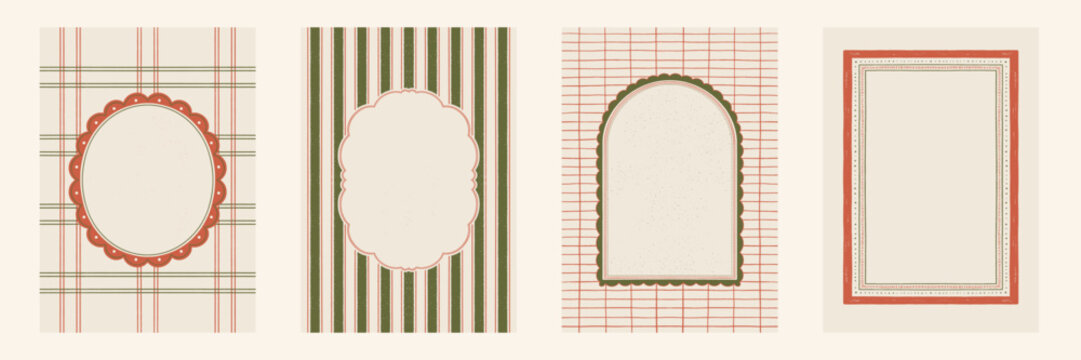 Set of 4 decorative hand-drawn holiday retro frames and borders in a whimsical sketch style for cards, invitations, and festive projects, vector illustration.