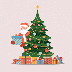 Colorful wrapped gift boxes in front of the Christmas tree. Santa Claus is hiding behind the Christmas tree with a gift in his hands. Vector flat illustration