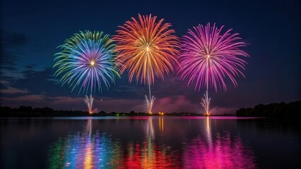 A spectacular display of colorful fireworks exploding above a tranquil lake at night with brilliant reflections