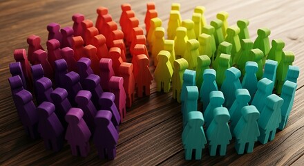 Fototapeta premium Vibrant wooden figures representing diverse groups and communities connect and collaborate on a warm wooden surface