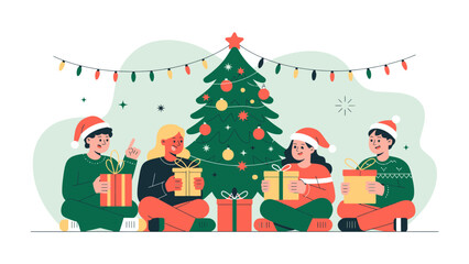 Festive Gathering: Friends and family gather around a decorated tree, exchanging gifts and sharing laughter, creating a scene of warmth and joy. 