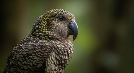 Obraz premium Rare Kakapo portrait, soft diffused forest light, 600mm telephoto DOF, painterly realism