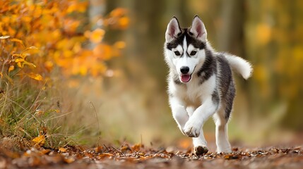 Obraz premium Siberian husky puppy running through autumn forest with fallen leaves, showcasing playful energy and vibrant fall colors in natural outdoor setting.