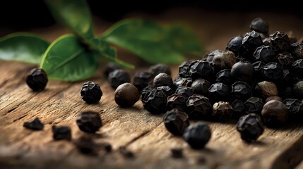 Obraz premium Black peppercorns scattered on rustic wooden surface with fresh green leaves, highlighting aromatic spice for cooking and seasoning.