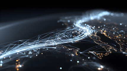 Futuristic network map with illuminated nodes and data trails