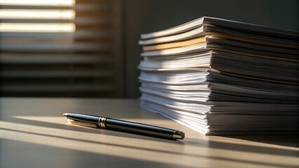 A stack of documents with a pen resting on a desk under subtle cinematic side lighting