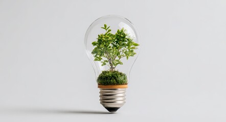 Light bulb with a growing plant inside on a white background an energy and eco concept. this stock photo won a contest with a flat lay composition high resolution photography and high detail.