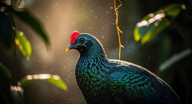 Fine art portrait of a Horned Guan, dark jungle atmosphere, spotlit feathers, shallow DOF
