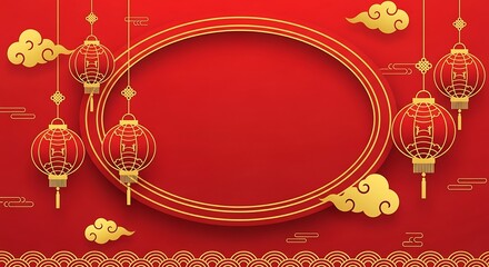 Traditional chinese new year red background with golden lanterns