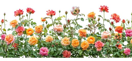 Naklejka premium Colorful blooming roses in pink, orange, and yellow with green leaves and stems on white background, isolated for garden design projects.