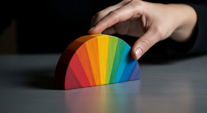 Vibrant wooden rainbow arc toy with a hand gently arranging segments, symbolizing creativity and joy in play