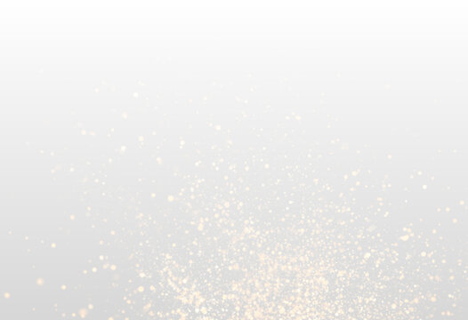Soft glowing gold particles shimmer across sparkling bokeh circles. Tiny glitter dust floats gently. Perfect luxury overlay for festive designs. PNG