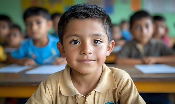 Young Hispanic boy in tan polo shirt smiling in classroom with classmates blurred in background, education setting for elementary school concepts.