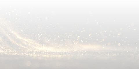 Soft glowing gold particles shimmer over sparkling bokeh. Tiny glitter dust floats softly. Elegant overlay for Christmas or festive luxury designs. PNG © Freesstock