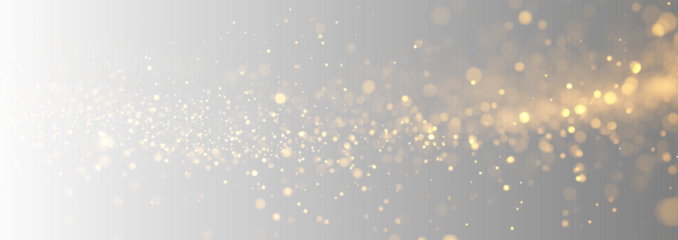 Golden confetti sparkles shimmer across luminous bokeh lights. Tiny glitter dust floats softly. Elegant overlay for Christmas or holiday designs. PNG