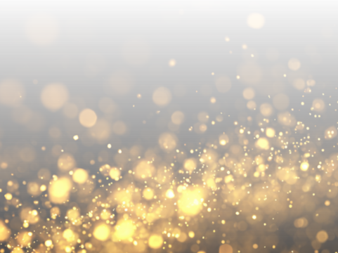 Sparkling gold dust floats over glowing bokeh lights. Tiny glitter particles shimmer subtly. Perfect overlay for luxury or festive designs. PNG
