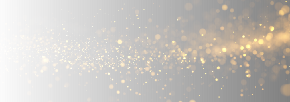 Golden confetti sparkles shimmer across luminous bokeh lights. Tiny glitter dust floats softly. Elegant overlay for Christmas or holiday designs. PNG