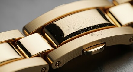 Close-up focus on a section of a polished gold bracelet. Detailed, highlighting the links, clasp, and texture. Subtle reflections and light play across the surface. Metallic sheen emphasizes quality