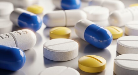 Close-up of various pills and capsules, some blue, white, and yellow, scattered randomly