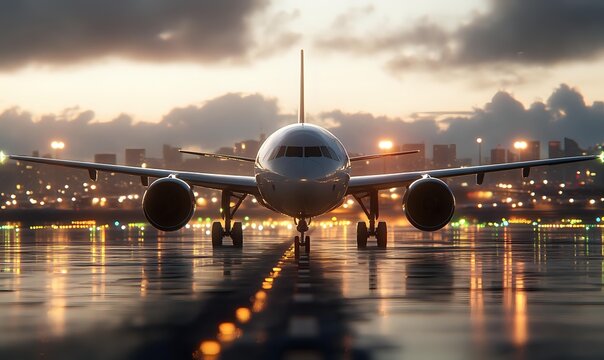 Commercial passenger aircraft on illuminated runway at dusk with dramatic sky and city lights in background.