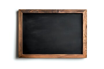 Empty blackboard with rustic wooden frame on white background, ready for custom text or design for educational or restaurant menu use.