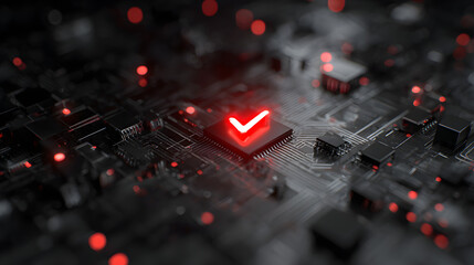Glowing red check mark embedded in high-tech circuit grid