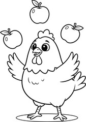Funny chicken juggling apples coloring page – cute cartoon farm animal line art for kids and preschool activity books