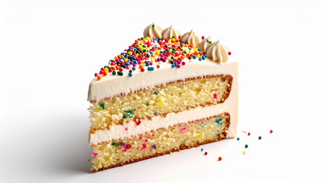 A slice of vanilla layer cake with creamy white frosting and a generous topping of colorful rainbow sprinkles