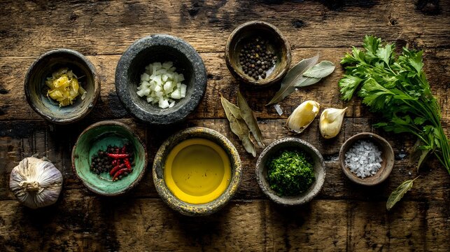 Fresh cooking ingredients and spices in rustic stone bowls on wooden background, including herbs, olive oil, garlic, and seasonings for culinary use.