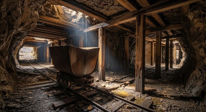 A decaying mine shaft interior featuring a rusty ore cart on tracks bathed in sunlight streaming from above, wooden beams support the tunnel - Powered by Adobe