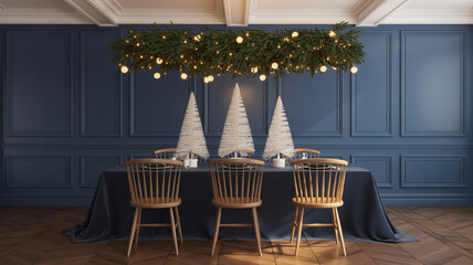 Festive christmas dining table set with white trees and fairy lights