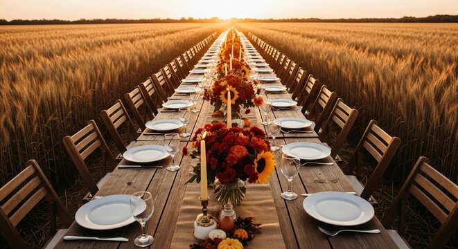 Extremely long rustic dinner table set up in a golden wheat field during sunset