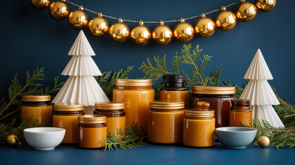 Christmas holiday arrangement with jars of honey and festive decorations