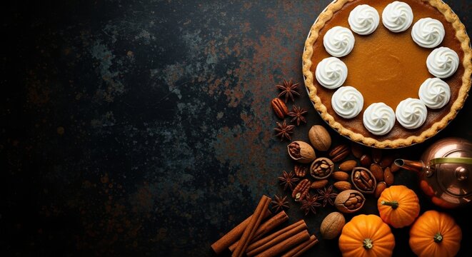 Traditional pumpkin pie with whipped cream and autumn spices on a dark rustic background with copy space.