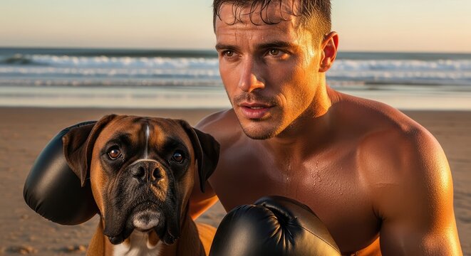 A shirtless man and his dog, both wearing boxing gloves, pose on a beach at sunset. The dog sits close to the man, with ocean waves in the background