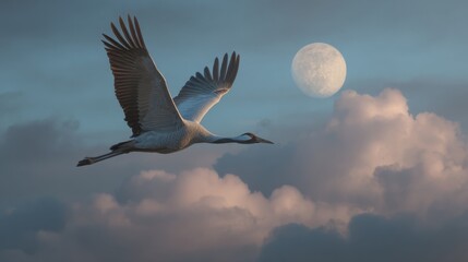 Obraz premium Majestic Sandhill Crane Flying Across Moonlit Cloudy Sky
