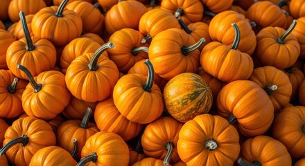 Abundant texture background of bright orange mini pumpkins piled high during the autumn harvest