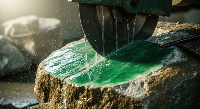 A close-up showcases a circular saw slicing through a verdant stone, water spraying around the cut. The stone rests on a larger, rough rock, illuminated with sunlight